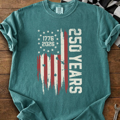 T-shirt with distressed American flag graphic, "1776 2026" and "250 YEARS" text.