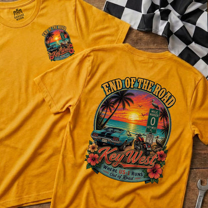 Yellow t-shirt with "End of the Road Key West" graphic featuring a car, motorcycle, and sunset.