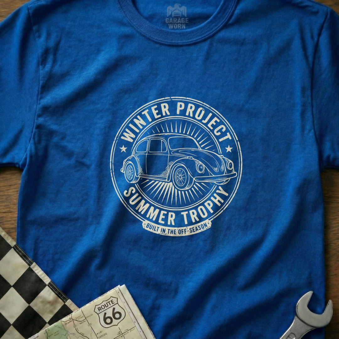 T-shirt with vintage car graphic, "Winter Project Summer Trophy" text.