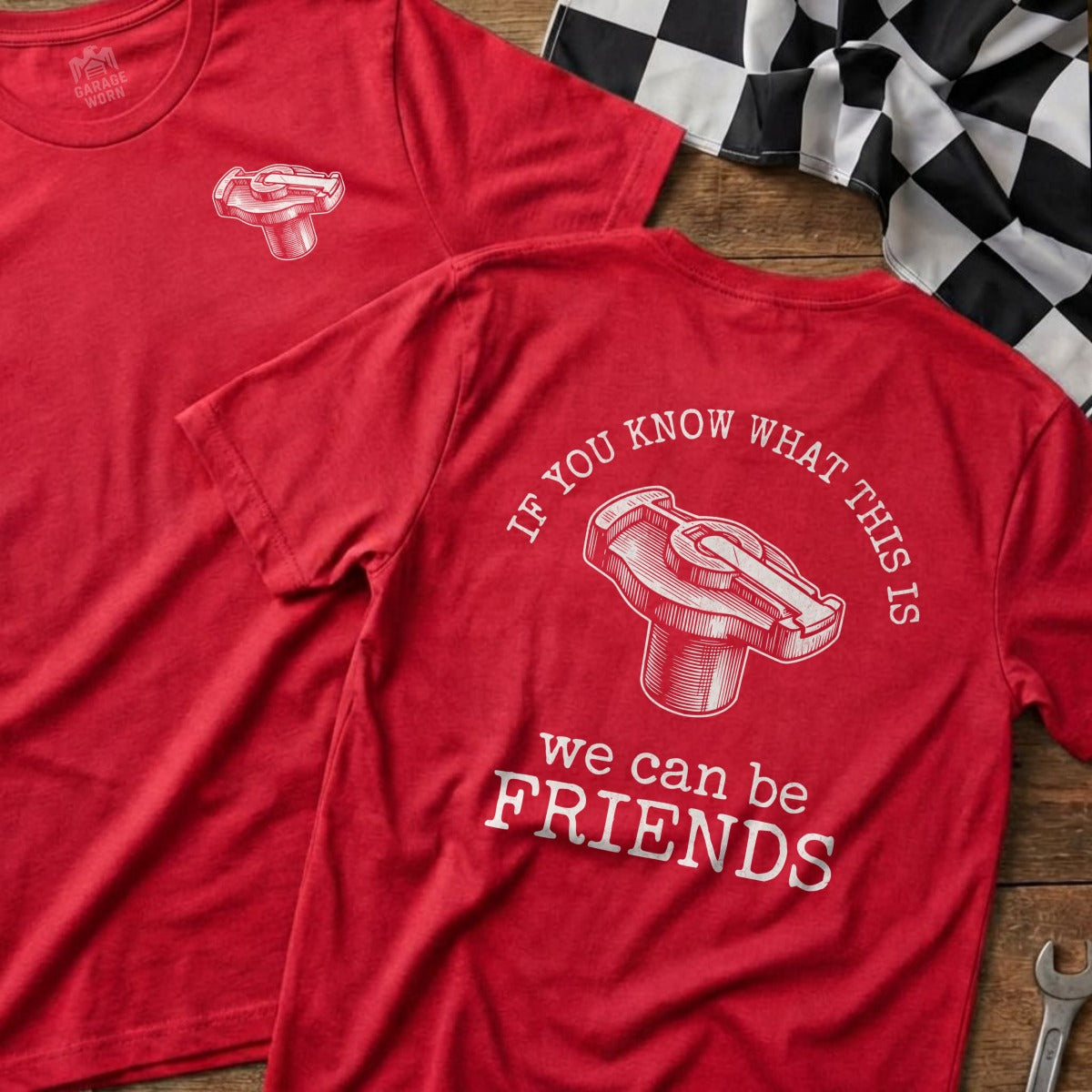 Red t-shirt with a spark plug graphic and "If you know what this is we can be friends" text.