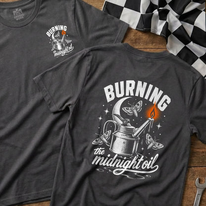 Charcoal t-shirts with "Burning the midnight oil" graphic and moths around an oil can.