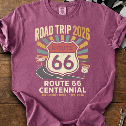 T-shirt with Route 66 Centennial graphic and "Road Trip 2026".