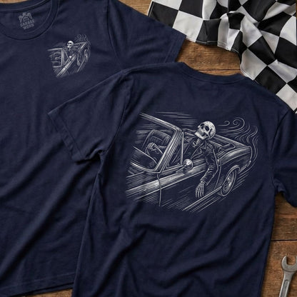 Navy t-shirt with a skeleton driving a car, garage worn logo.