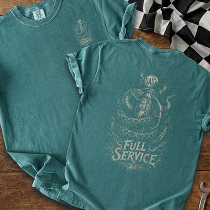 Teal t-shirt with a distressed graphic of a snake around a gas pump and text "FULL SERVICE".