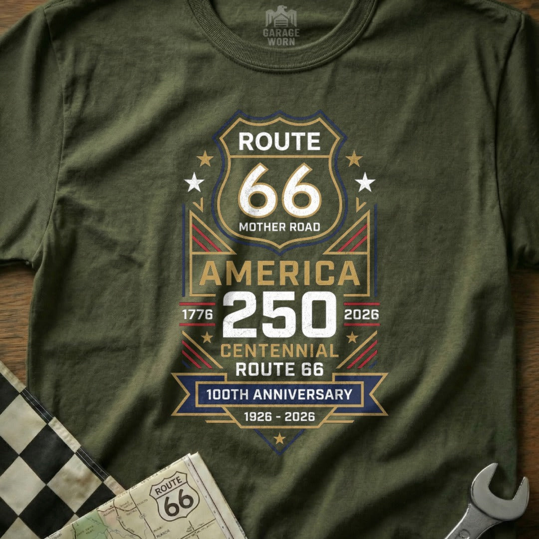 Olive green t-shirt celebrating Route 66's 100th anniversary, 1926-2026.