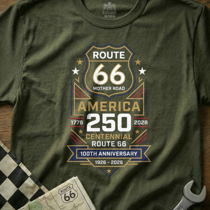 Olive green t-shirt celebrating Route 66's 100th anniversary, 1926-2026.