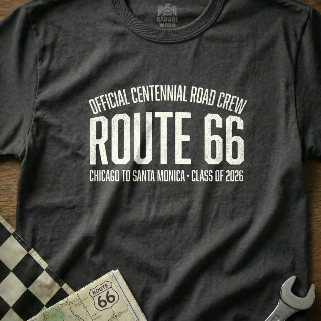 T-shirt with "Official Centennial Road Crew Route 66 Chicago to Santa Monica" text.