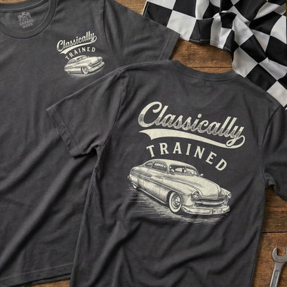 Dark grey t-shirt with "Classically Trained" and classic car graphic.
