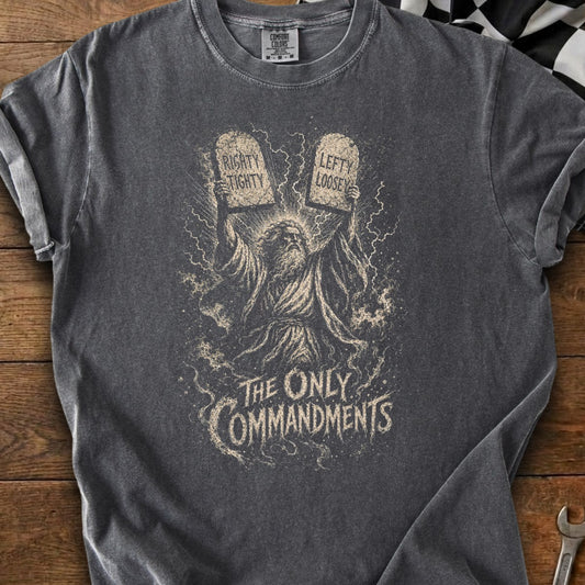 Dark grey t-shirt with graphic of Moses holding tablets labeled "Righty Tighty" and "Lefty Loosey."