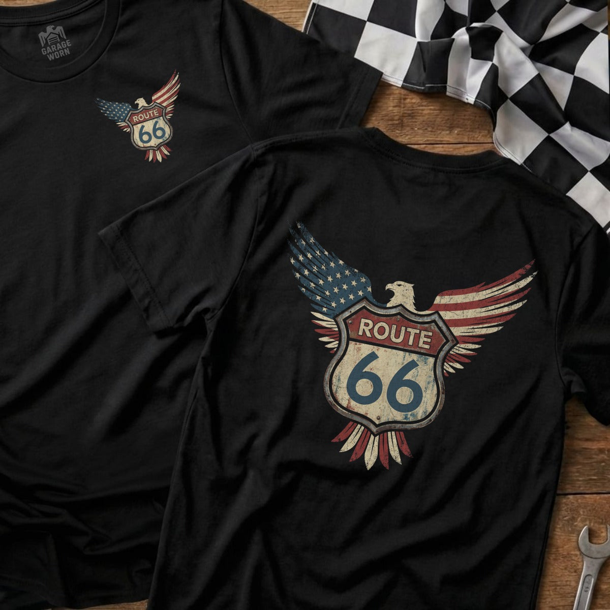 Black t-shirt with vintage Route 66 eagle logo on back, USA flag wings.