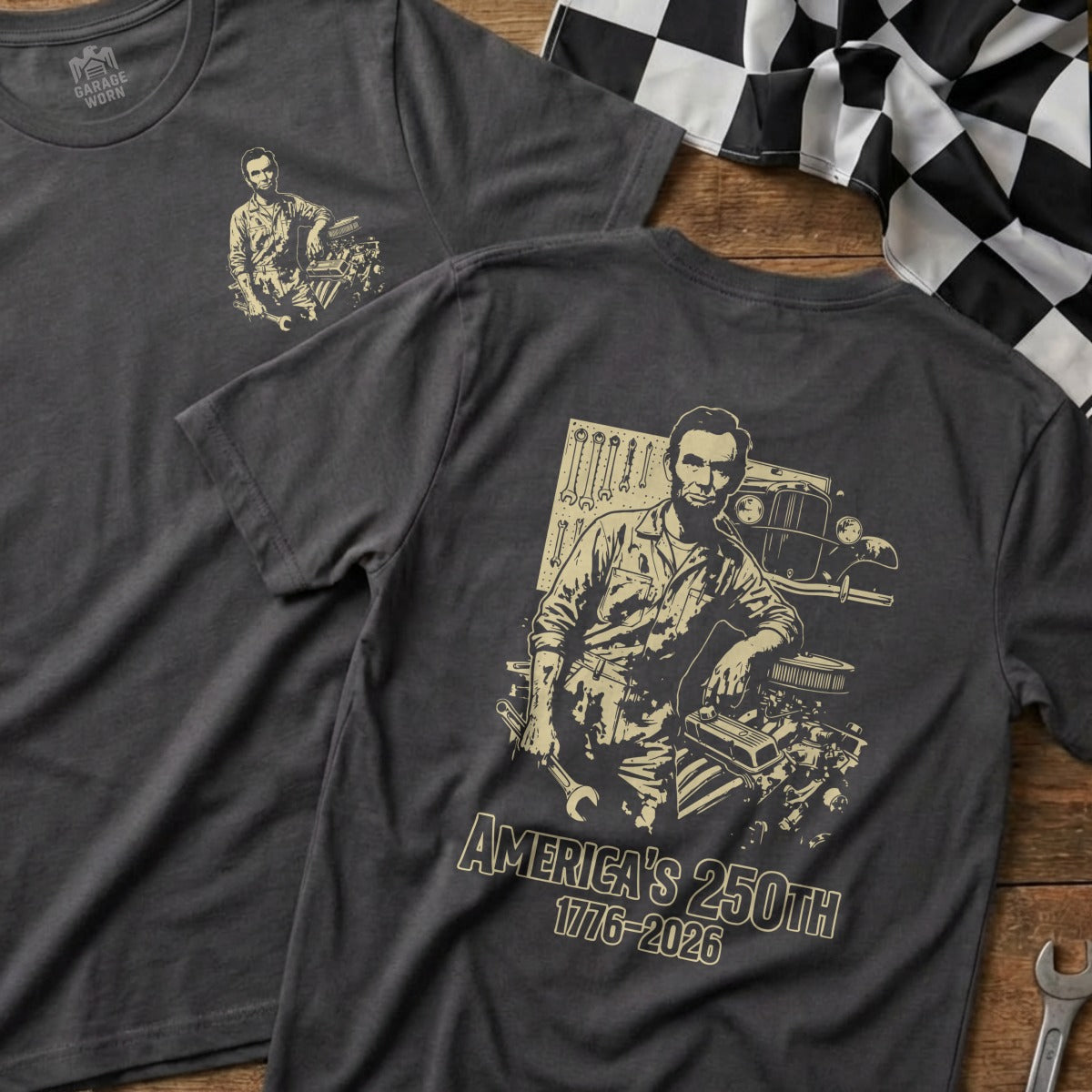 T-shirt with Abraham Lincoln and vintage car graphic.