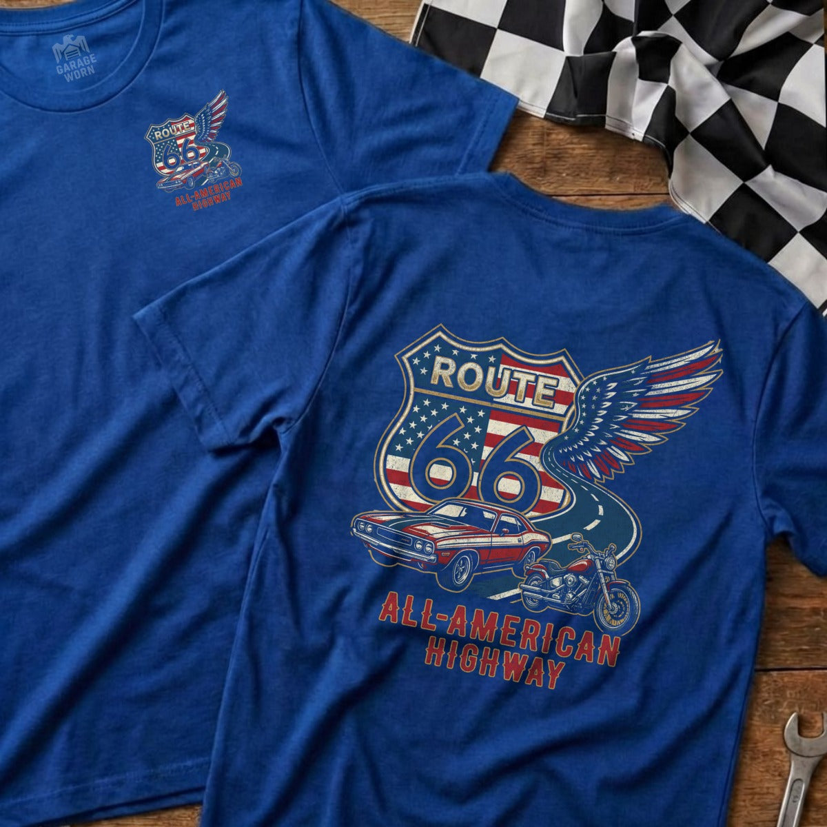Route 66 All-American Highway graphic t-shirt with car and motorcycle.