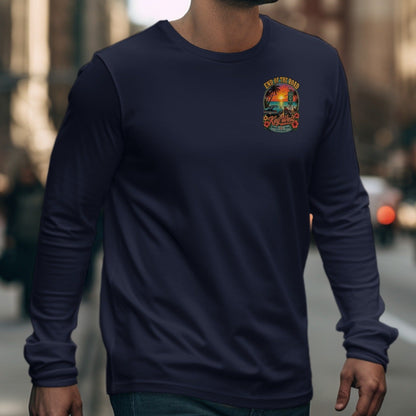 Dark blue long sleeve shirt with "End of the Road Key West" vintage sunset graphic.