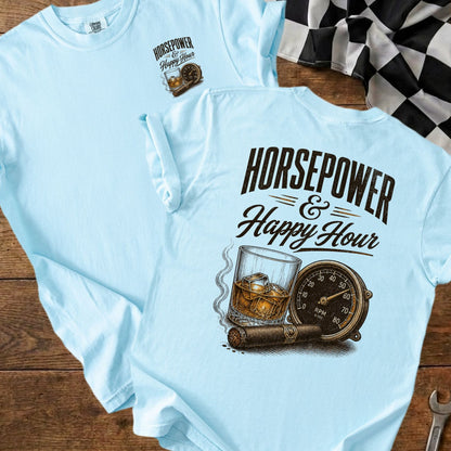 Light blue t-shirt with "Horsepower & Happy Hour" graphic, whiskey, cigar, and speedometer.