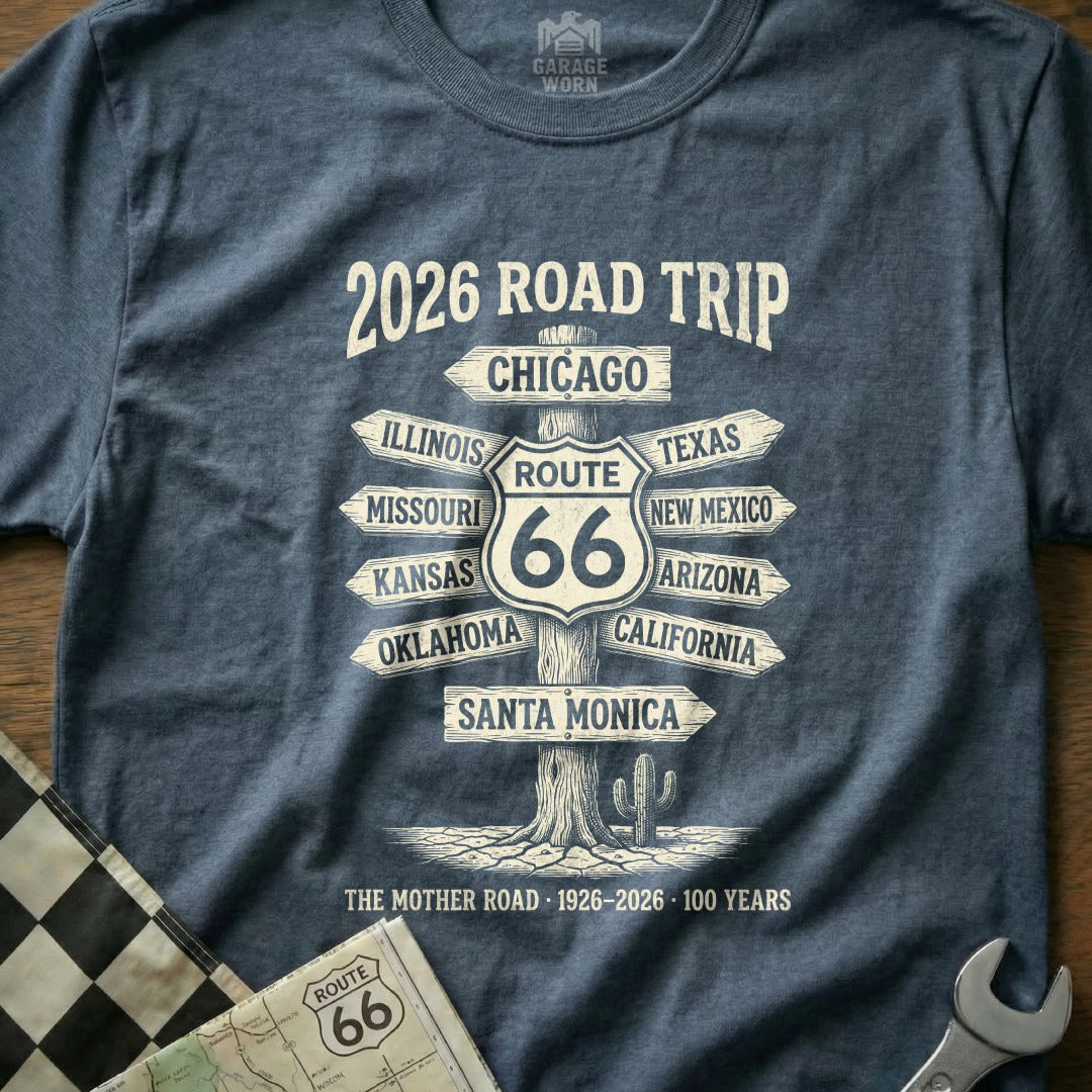 Route 66 road trip t-shirt with directional signs and dates.