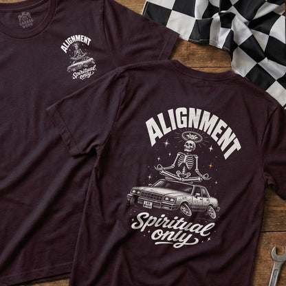 T-shirt graphic: skeleton meditating on car, text "Alignment Spiritual only"
