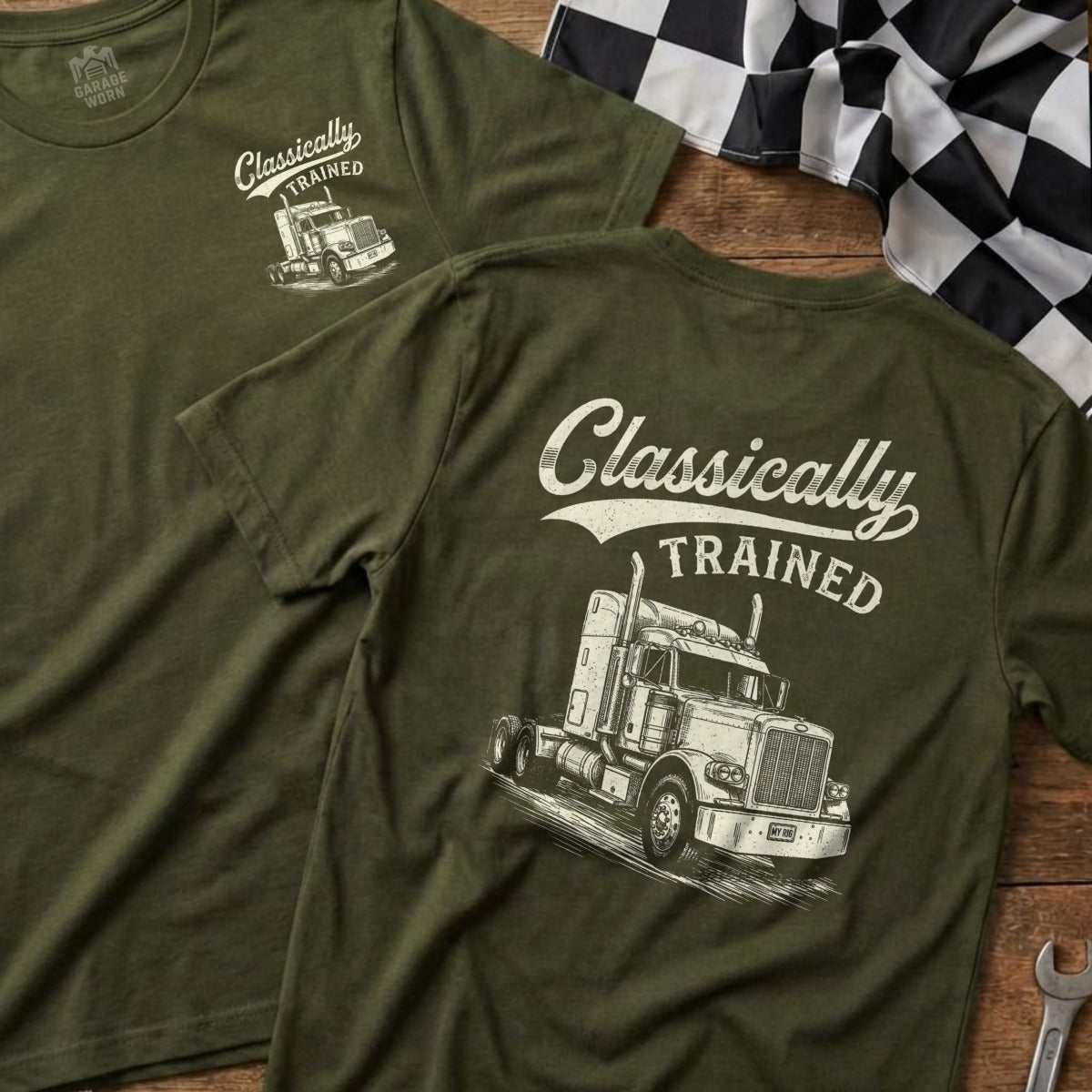 Green t-shirts with "Classically Trained" and a rig truck graphic on the back.