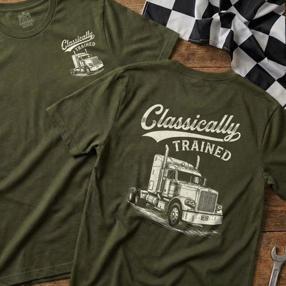 Green t-shirts with "Classically Trained" and a rig truck graphic on the back.