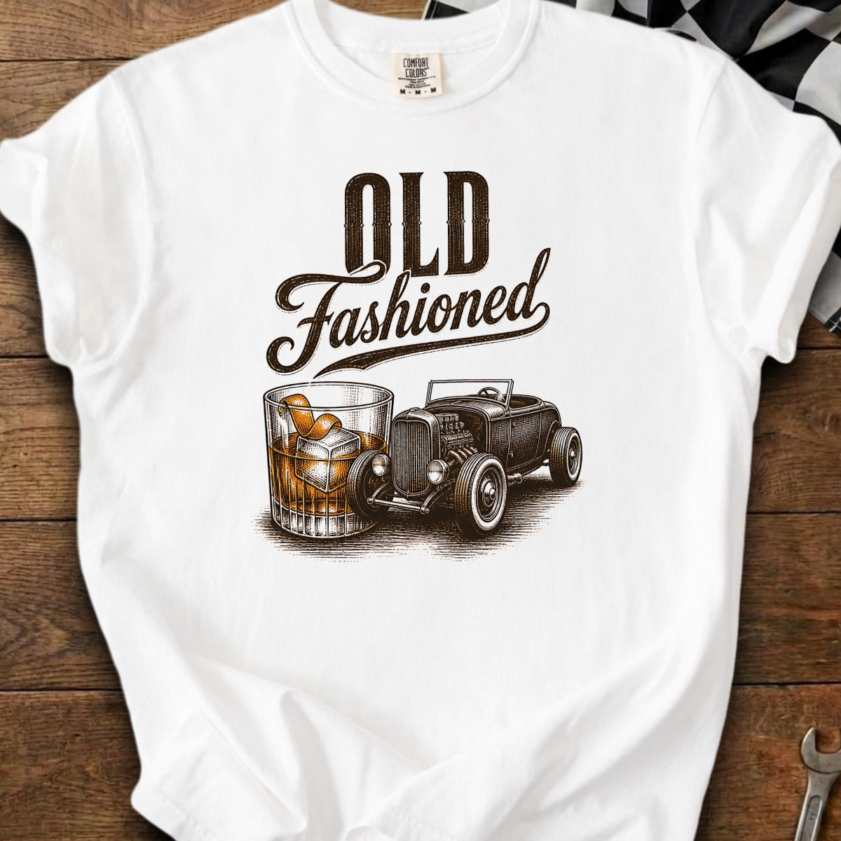 White t-shirt with "Old Fashioned" text, a whiskey glass, and a hot rod car.