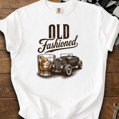 White t-shirt with "Old Fashioned" text, a whiskey glass, and a hot rod car.
