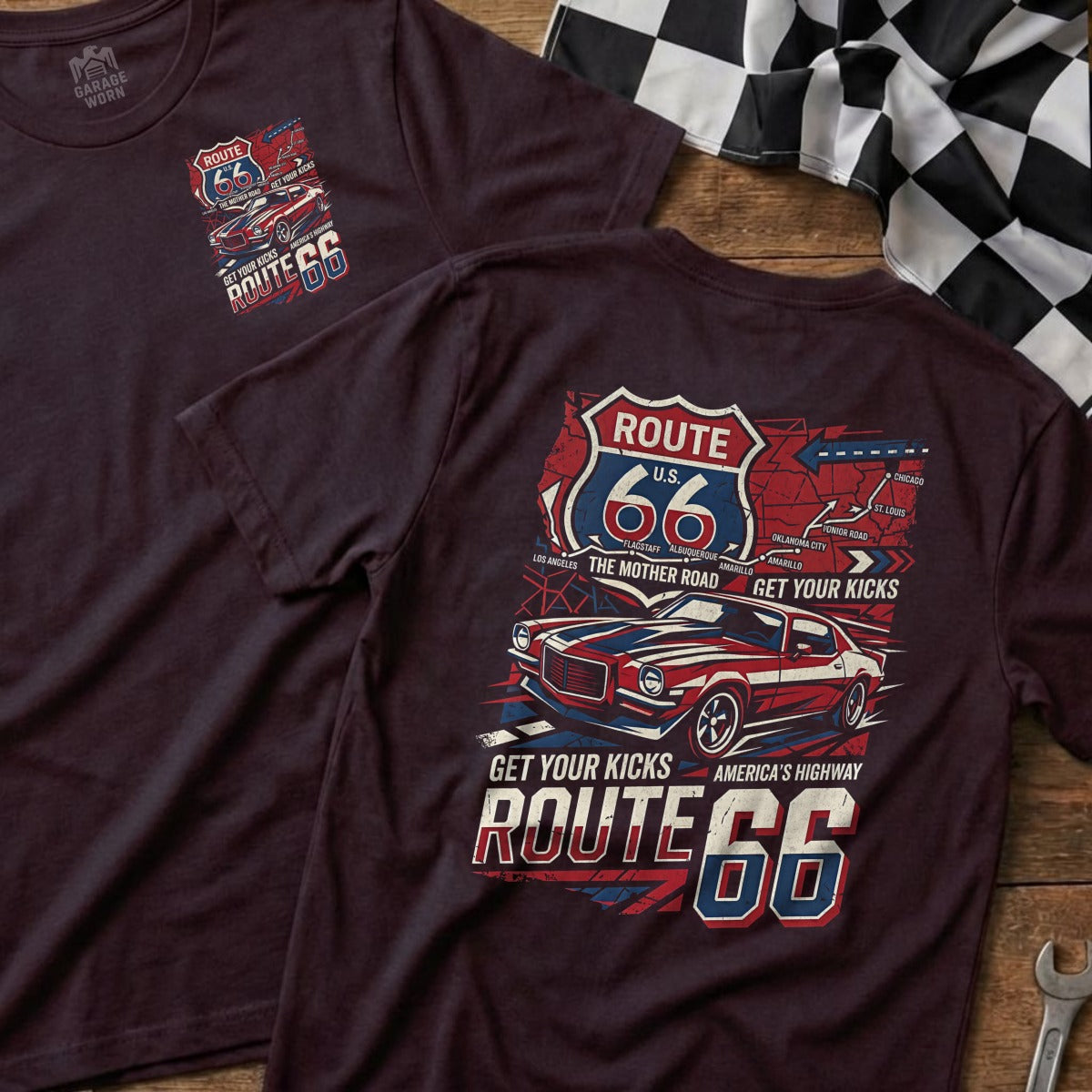 Burgundy t-shirt featuring Route 66 map graphic and "Get Your Kicks" text.