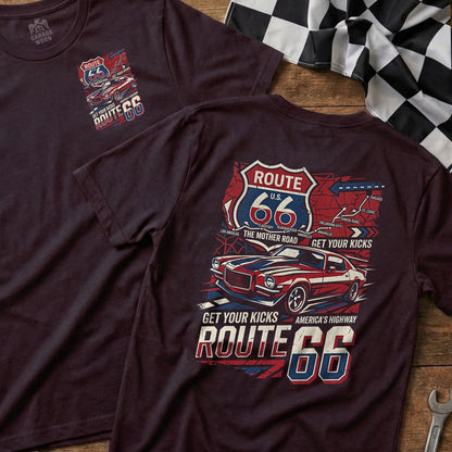 Burgundy t-shirt featuring Route 66 map graphic and "Get Your Kicks" text.