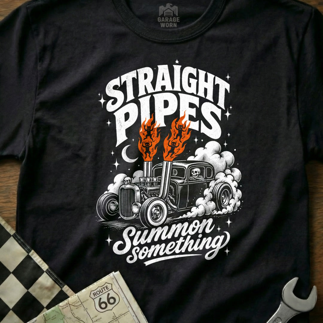 Black t-shirt graphic with hot rod, flames, and text: "STRAIGHT PIPES Summon something."