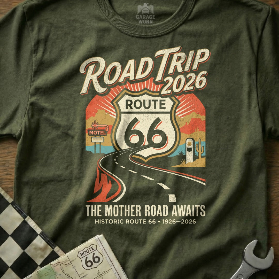 T-shirt with Route 66 Road Trip 2026 graphic, "The Mother Road Awaits".