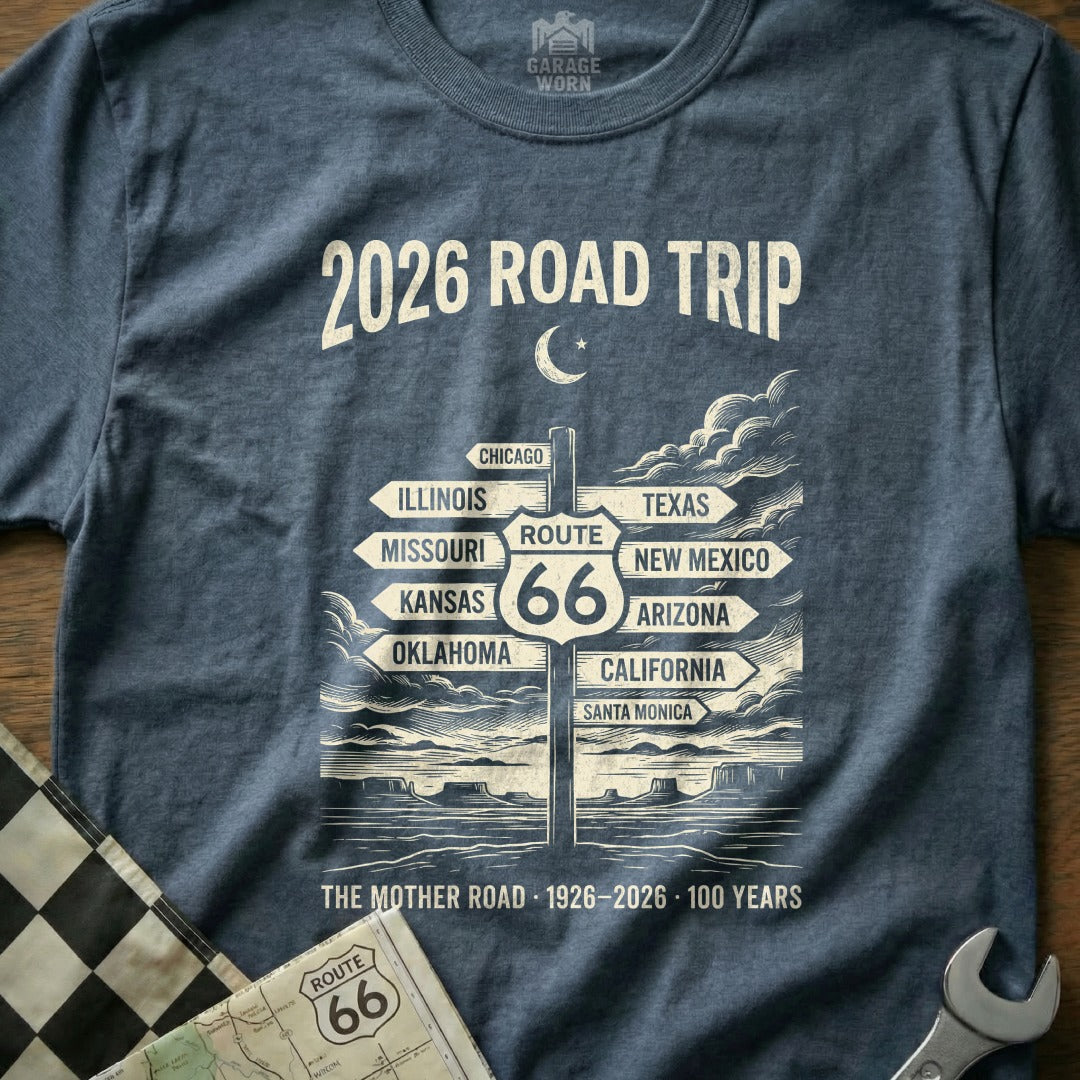 T-shirt with Route 66 signpost graphic for a 2026 road trip.