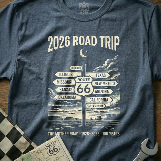 T-shirt with Route 66 signpost graphic for a 2026 road trip.