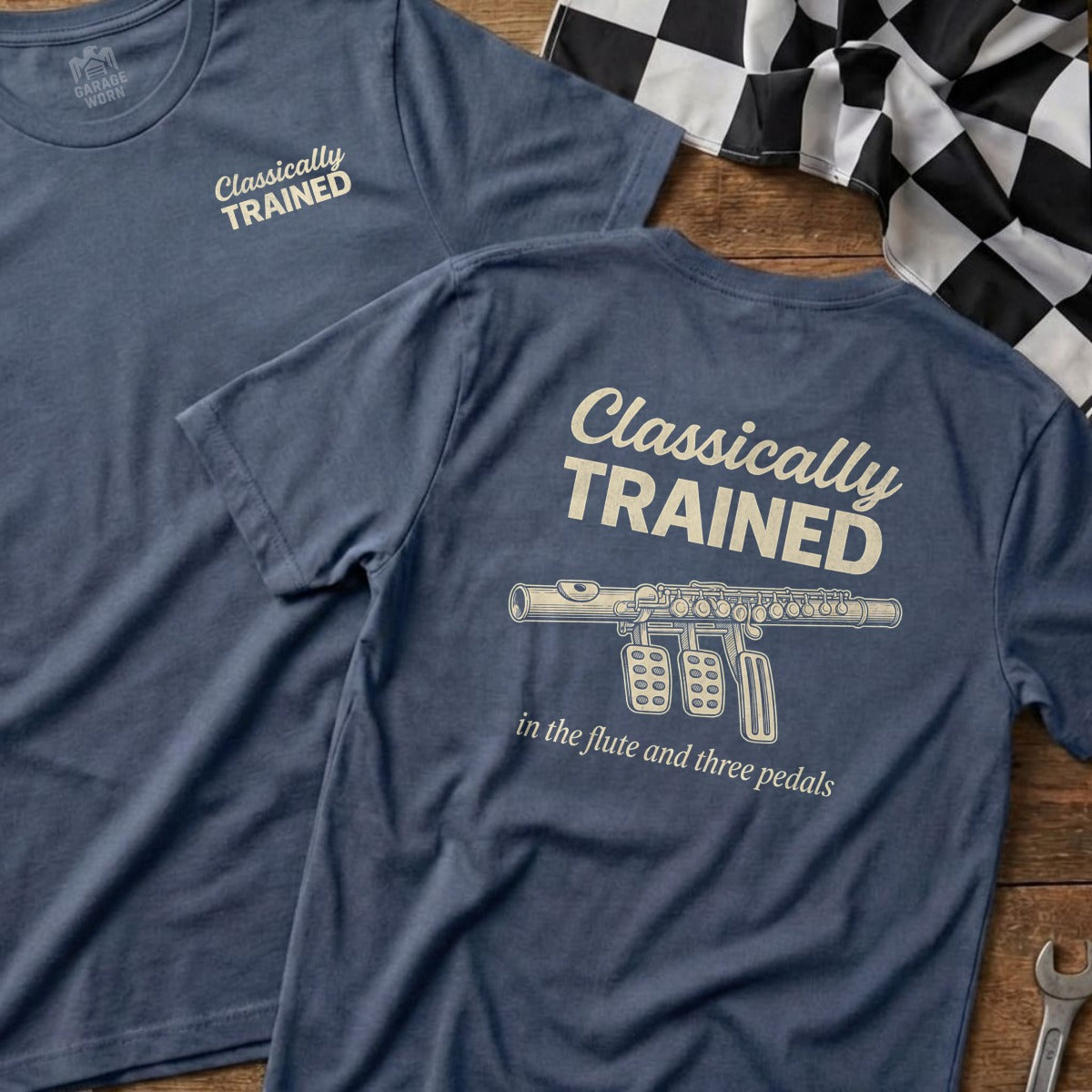 Navy t-shirt with "Classically Trained" and flute with pedals design.