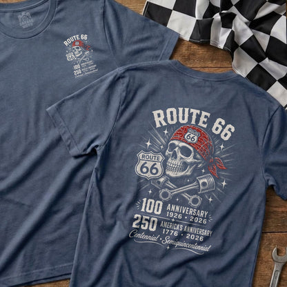 Blue t-shirts with Route 66 skull graphic celebrating 100th anniversary.