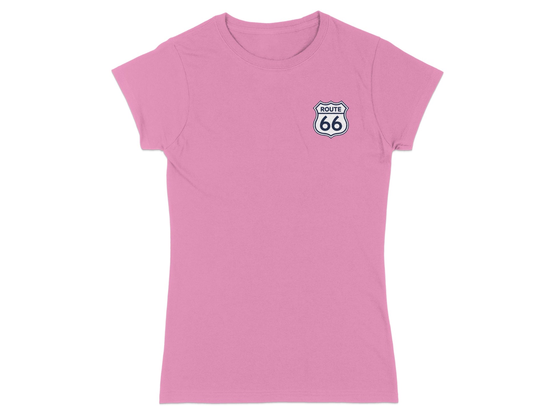 Pink t-shirt with Route 66 logo on the chest.