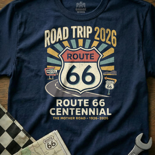 Route 66 Centennial 2026 Road Trip t-shirt with vintage shield graphic.