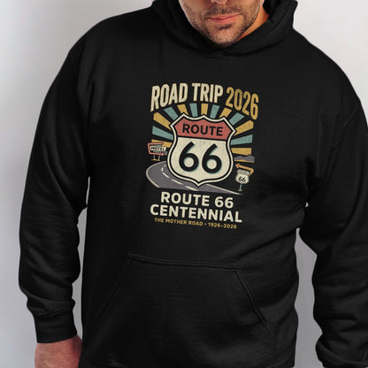 Black hoodie with a Route 66 Centennial graphic featuring vintage style text and imagery.
