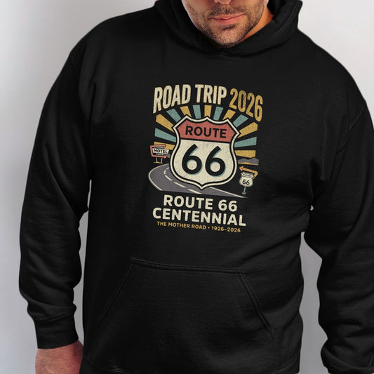 Black hoodie with a Route 66 Centennial graphic featuring vintage style text and imagery.