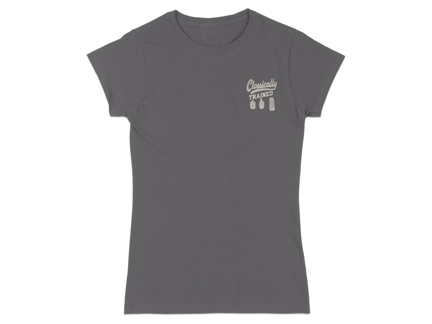 Dark grey t-shirt with "Classically Trained" and three pedals logo.