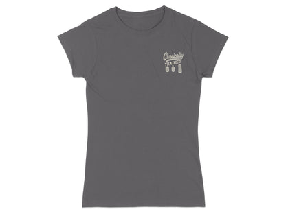 Dark grey t-shirt with "Classically Trained" and three pedals logo.