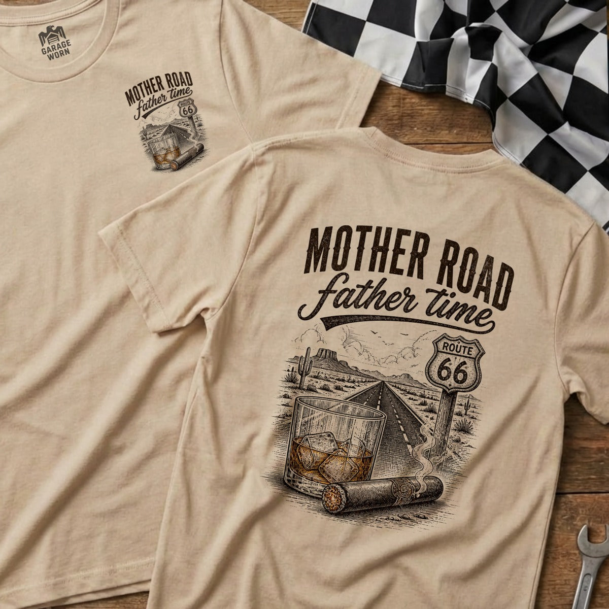 T-shirt with "Mother Road Father Time" text, Route 66, highway, whiskey, and cigar graphics.