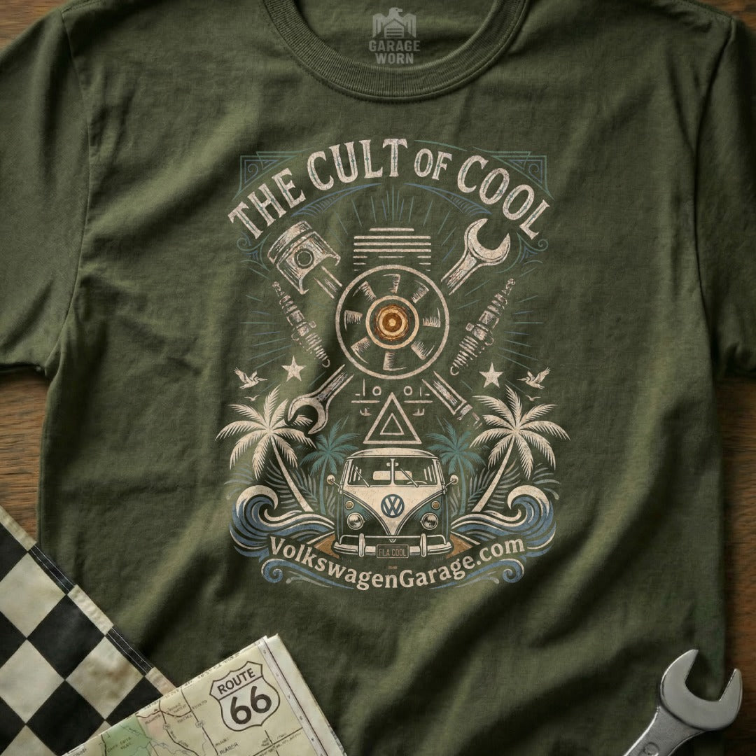 Olive t-shirt featuring "The Cult of Cool" text and vintage Volkswagen van graphic.
