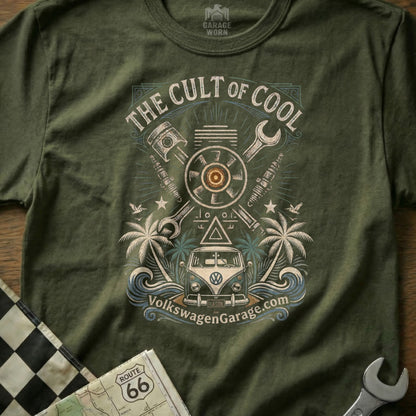 Olive t-shirt featuring "The Cult of Cool" text and vintage Volkswagen van graphic.