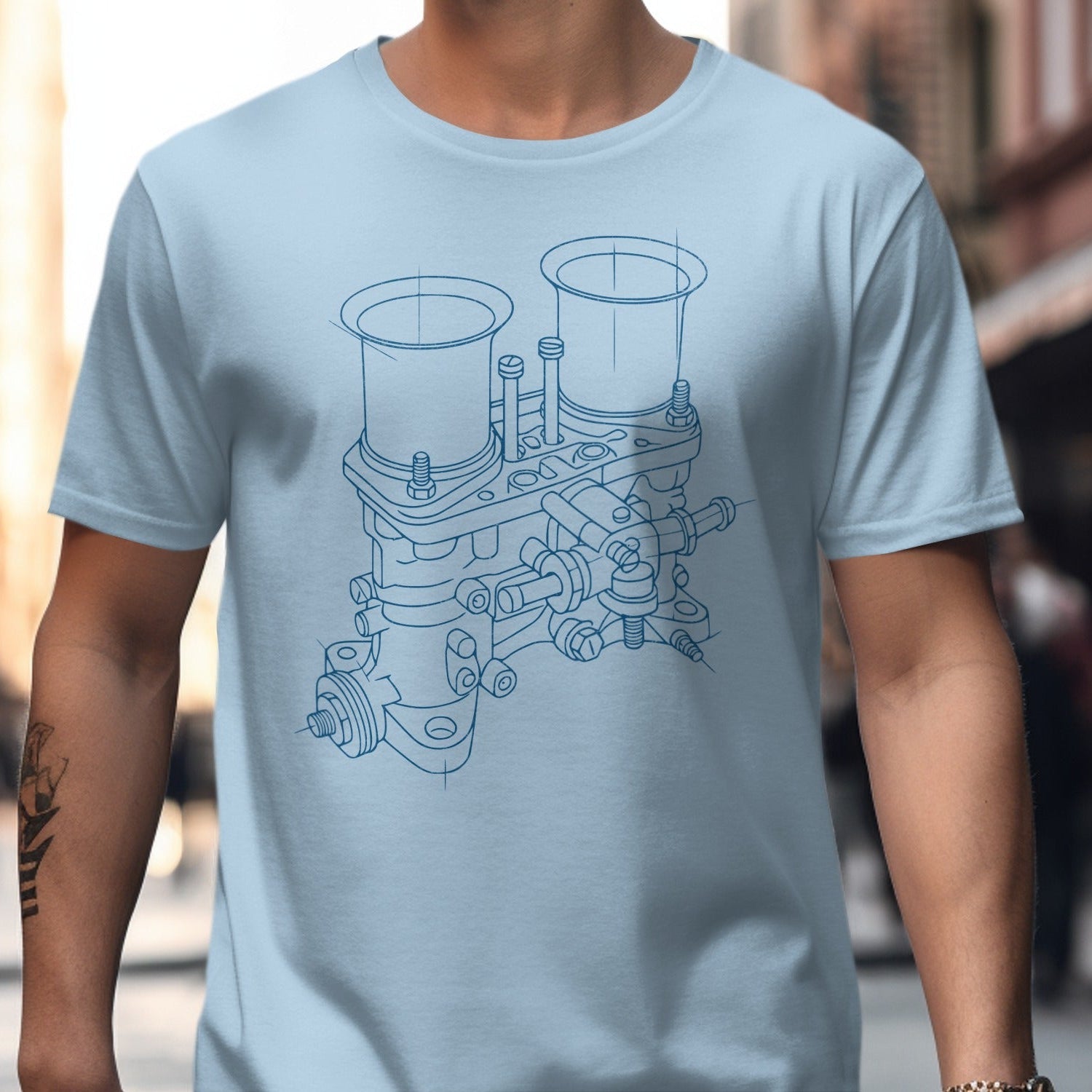 Engine Blueprint Design on a Light Blue Shirt product