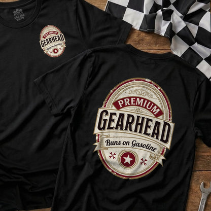 Black t-shirt with circular "Gearhead Runs on Gasoline" logo and racing flag.