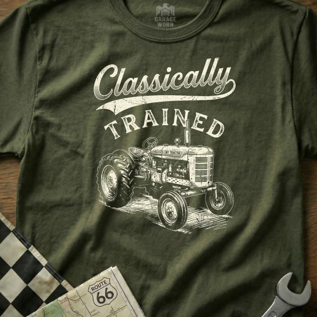 Green t-shirt with vintage tractor graphic and "Classically Trained" text.