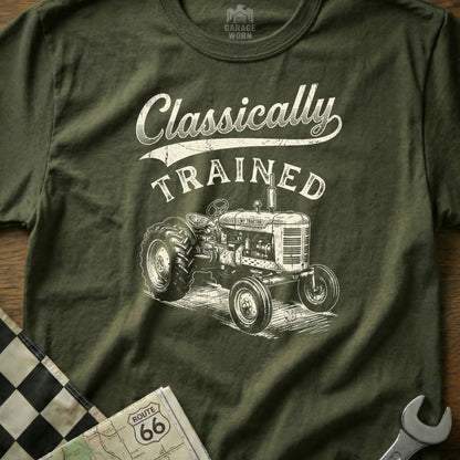 Green t-shirt with vintage tractor graphic and "Classically Trained" text.