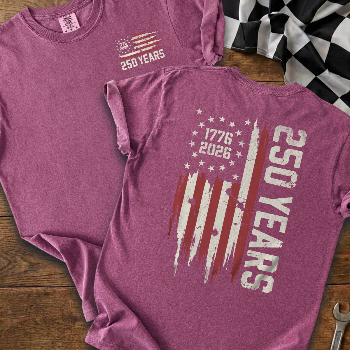Maroon t-shirts with American flag graphic and text "250 Years 1776 2026".