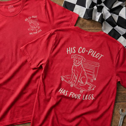 Red t-shirts with "His Co-Pilot Has Four Legs" and dog on skateboard graphic.
