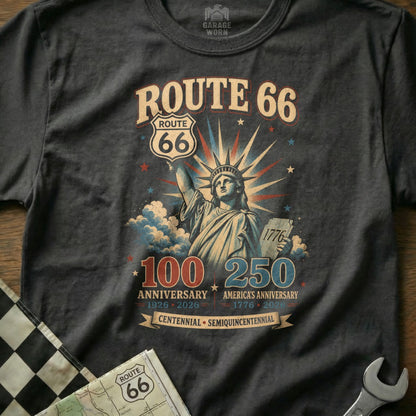 T-shirt graphic with Statue of Liberty, Route 66, and anniversary dates 1926-2026 and 1776-2026.