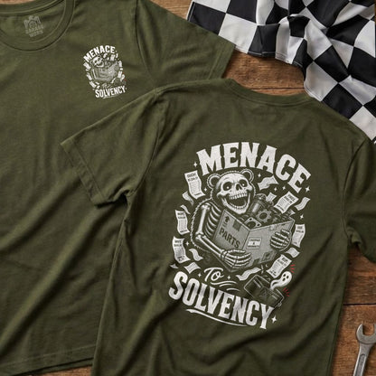 Olive green t-shirt with a skeleton bear holding a box of "PARTS" and receipts.