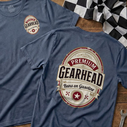 Blue t-shirt with "Premium Gearhead" oval logo and "Runs on Gasoline" text.